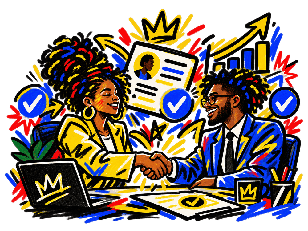 A hiring manager shaking hands with the candidate they picked